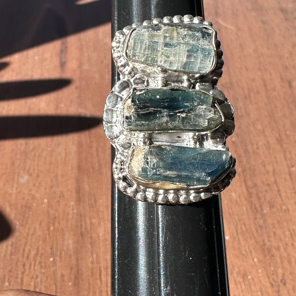 Sterling Raw Blue Kyanite 3 Crystal Ring Size 8